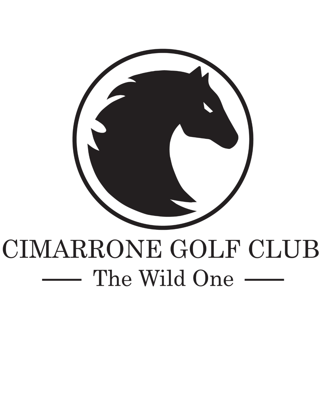 Cimarrone Golf Club logo with a stylized horse head in a circle, and the tagline "The Wild One" beneath.