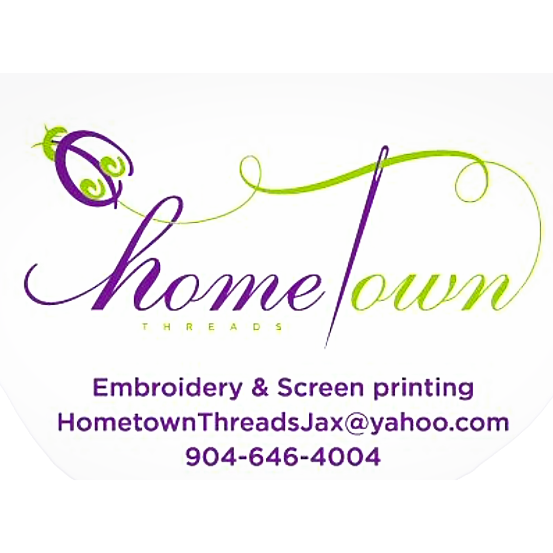 Business card for HomeTown Threads, featuring purple and green text, a decorative needle and thread graphic, with contact information and services offered in embroidery and screen printing.