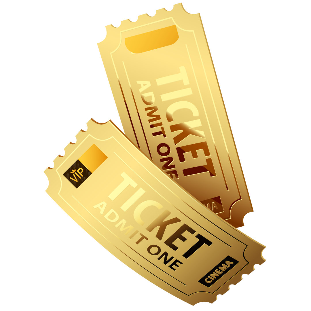 Two gold-colored movie tickets, one says 'TICKET ADMIT ONE' with a VIP label, the other says 'TICKET ADMIT ONE' with a cinema label. Beachside High School Athletic Boosters Club  Gala Night event