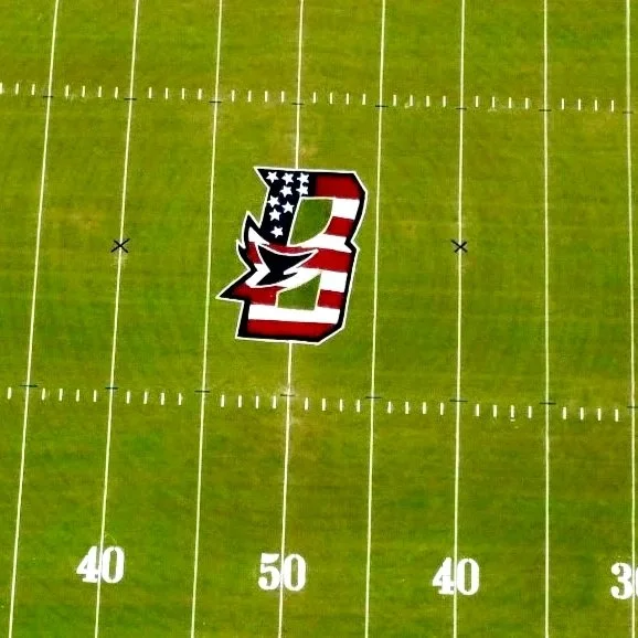 A football field with the Houston Texans logo, which features the shape of Texas with an American flag design, at the 50-yard line.