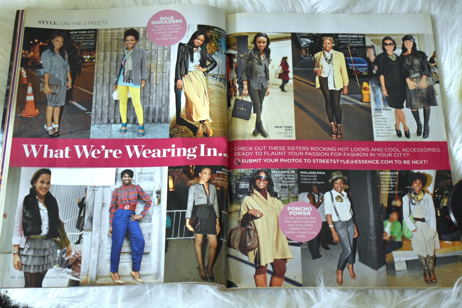 Page 36 -37 of February 2011 issue of Essence Magazine's Street Style Spread of different women across the United States flaunting their unique styles. Ms. Bee was one of the women showcased.