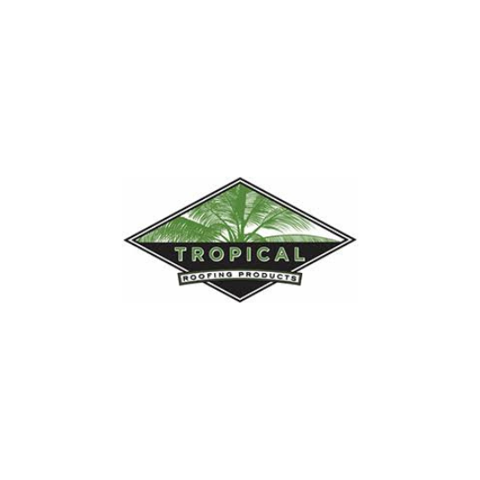 Logo for Tropical Roofing Products featuring green palm trees inside a diamond shape with black and white borders.