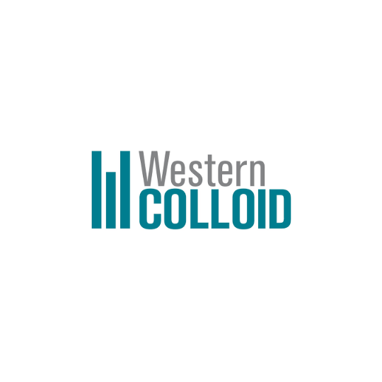 Western Colloid logo with stylized vertical blue lines and gray and blue text