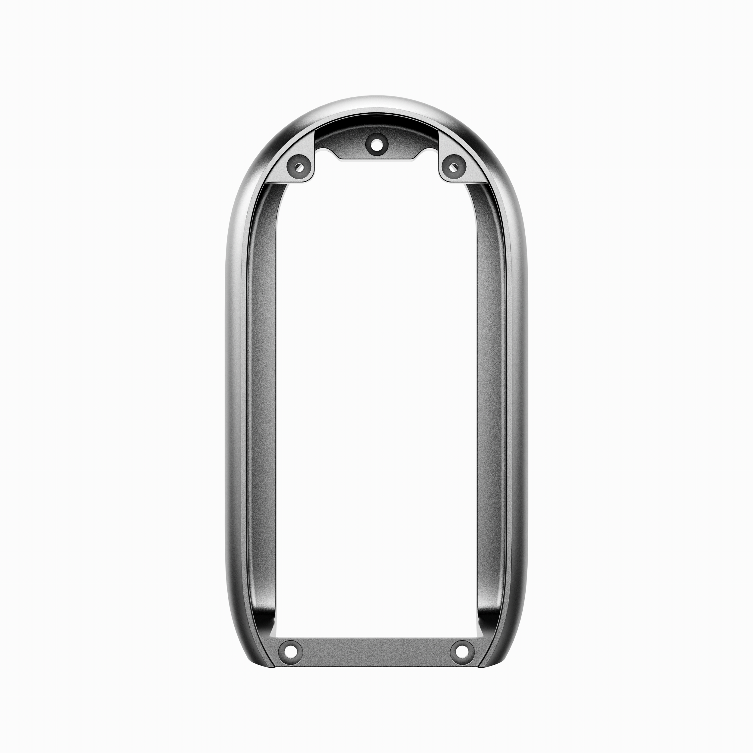 Close-up of a metallic, oval-shaped device casing with mounting holes, viewed from the front, with the cover removed.