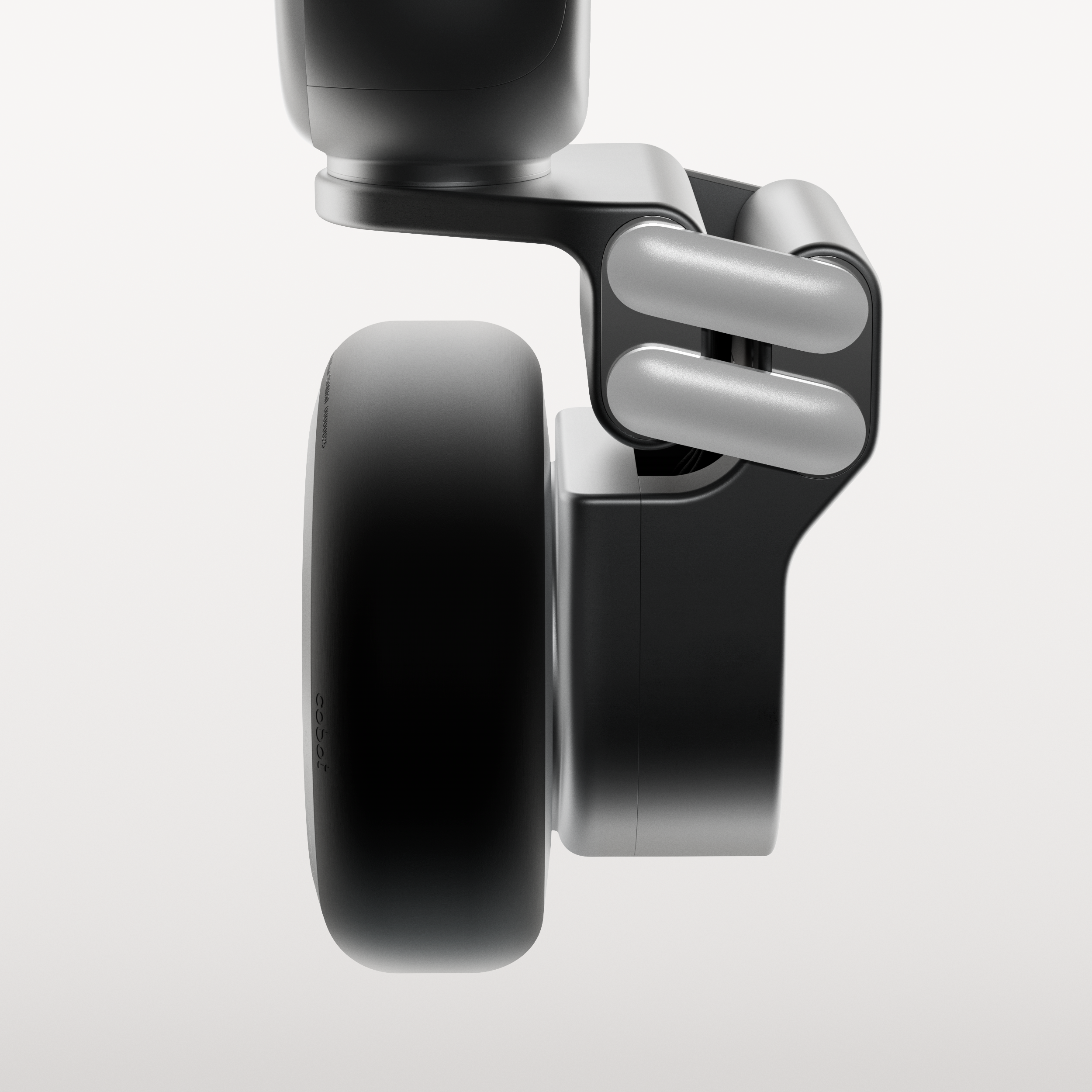 Close-up of a sleek, modern robot arm with gray and black components, against a white background.