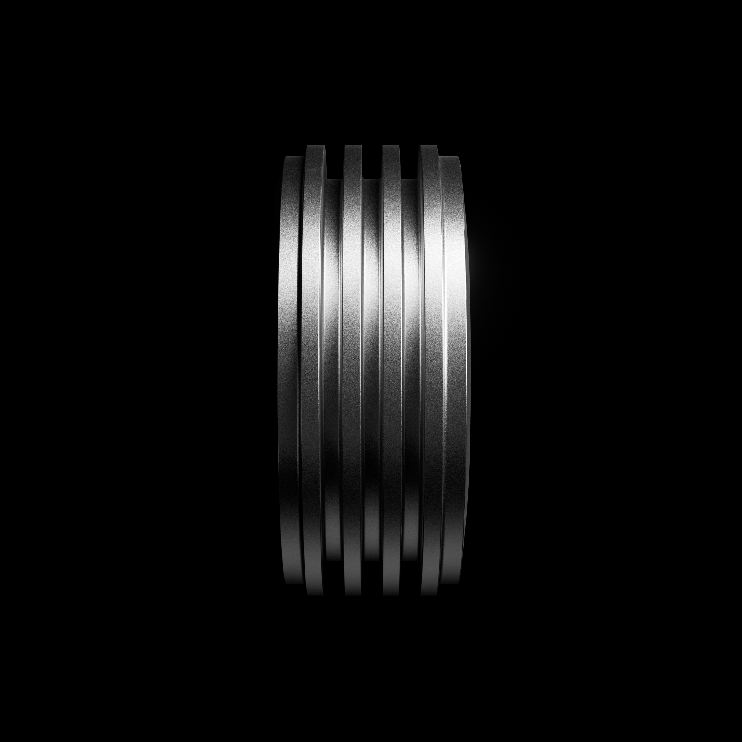 Close-up of seven metallic pencils arranged vertically against a black background.