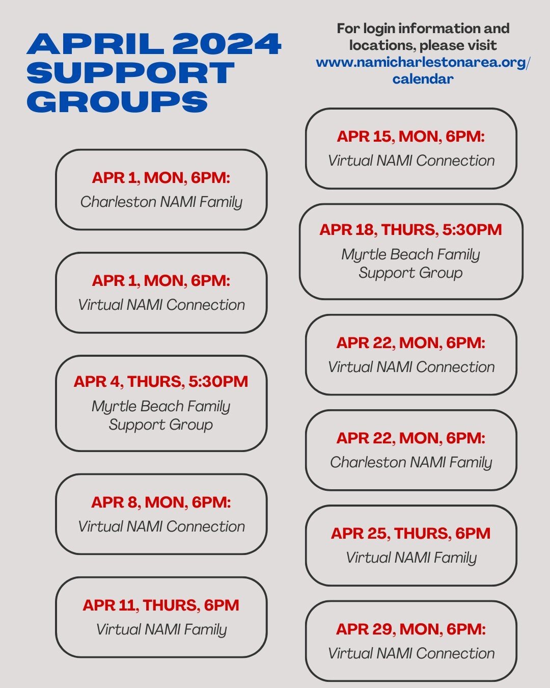 Happy first day of April 💐

As we step into a new month, let's embrace positivity and support each other's mental health journeys. 🧠💖 Here are the mental health support groups available throughout April

For login information and locations, please