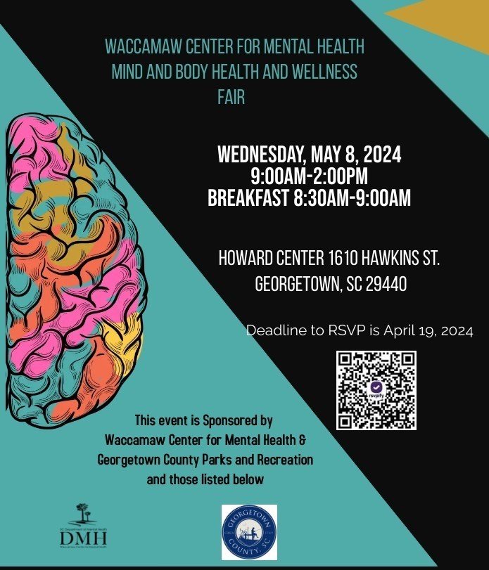 Mark your calendars for an event you won't want to miss! The Waccamaw Center for Mental Health is thrilled to announce their Mind and Body Health and Wellness Fair on Wednesday, May 8, 2024, from 9:00 AM to 2:00 PM.⁠
⁠
The deadline to RSVP is April 1