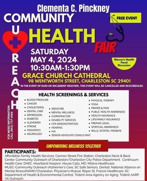 Join the Clementa C. Pickney Community Outreach Health Fair!⁠
⁠
Dive into important conversations at the Women's Health Panel Discussion on May 4th, 2024, from 10:30 AM to 1:30 PM at Grace Church Cathedral, 98 Wentworth Street, Charleston SC 29401. F