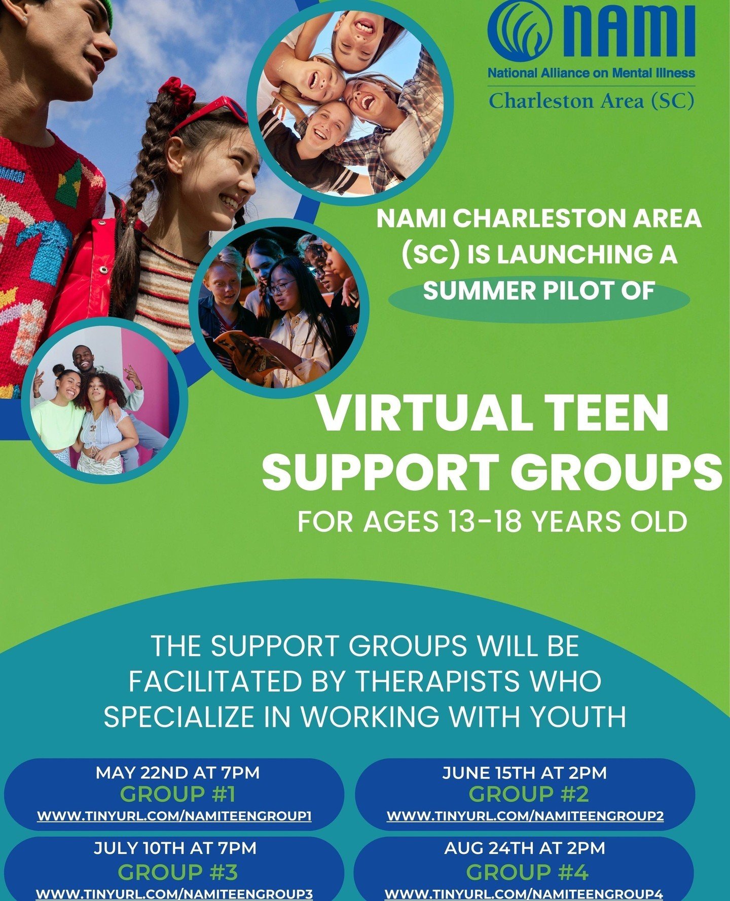 NAMI Charleston Area is launching a virtual teen support groups this summer! This group is created for 13-18 year-olds &amp; will be facilitated by therapists specializing in youth mental health. Join us and be a part of this journey!⁠
⁠
#NAMI #NAMIC