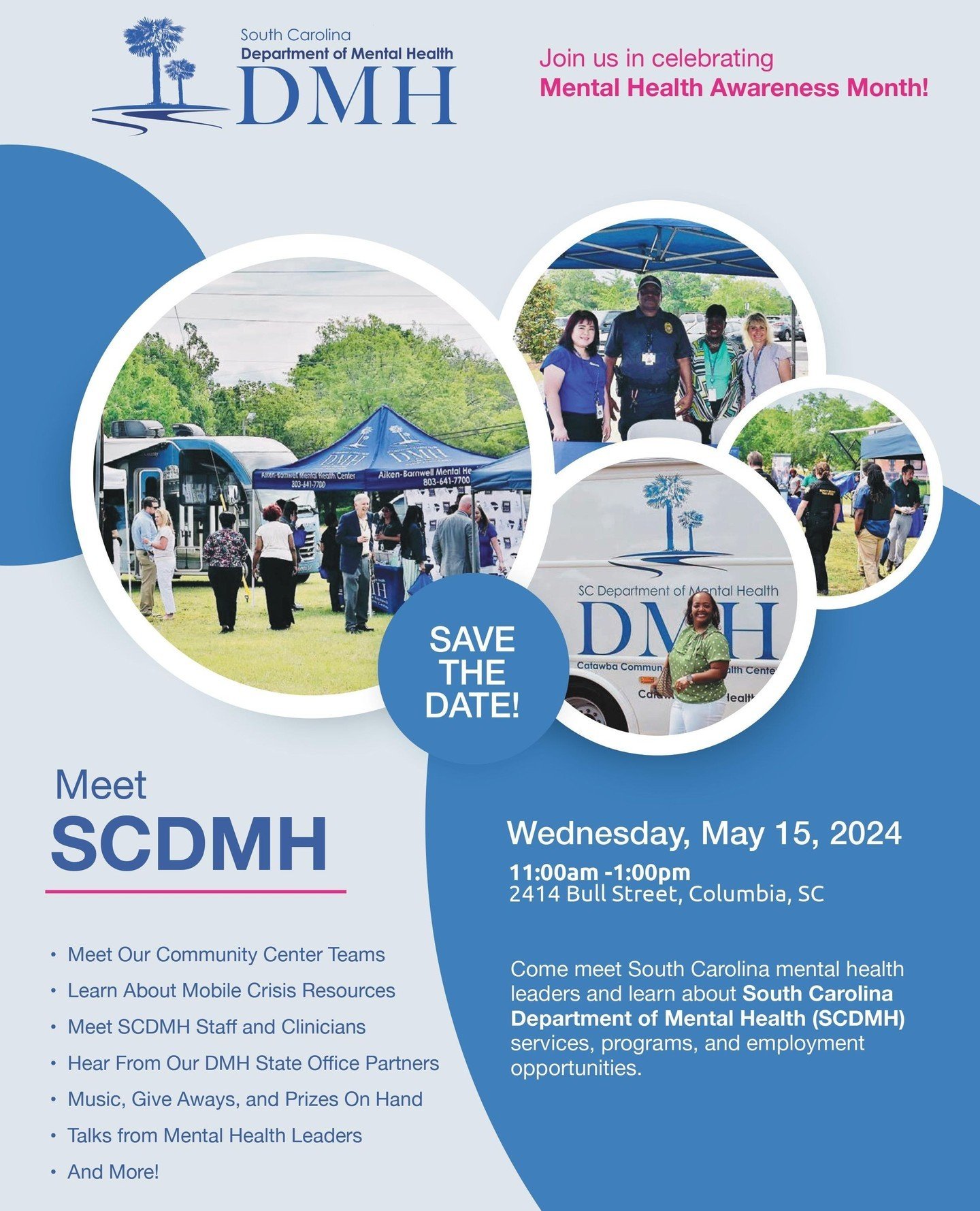 Meet SCHMH on Wednesday, May 15th, 2024, from 11 am to 1 pm! ⁠
⁠
Come meet South Carolina's mental health leaders and learn about the services, programs, and employment opportunities offered by the South Carolina Department of Mental Health (SCDMH). 