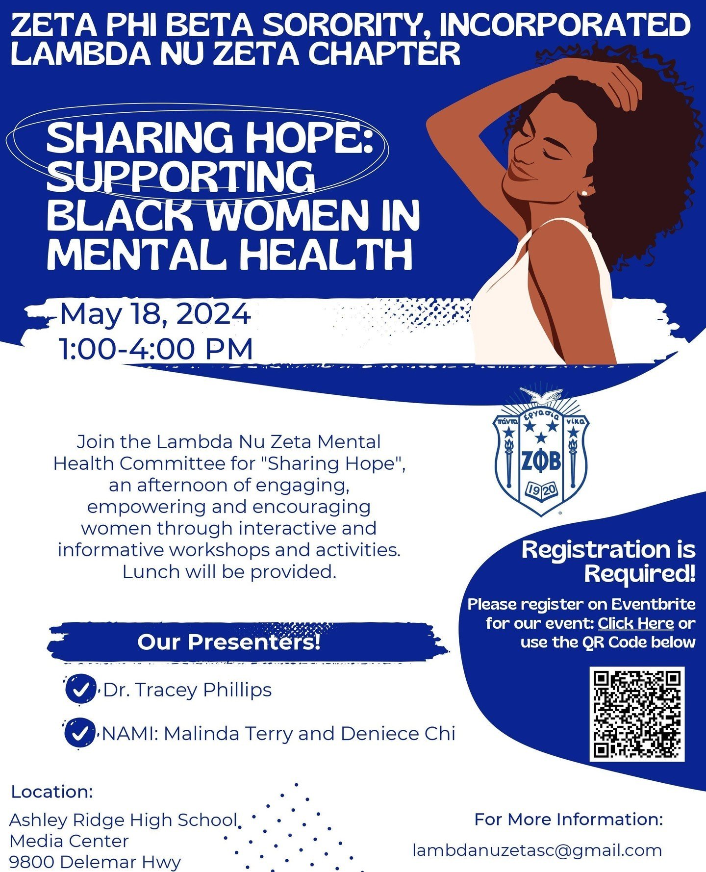 Join us for Sharing Hope: Supporting Black Women's Mental Health hosted by Zeta Phi Beta Sorority Inc, Lambda Nu Zeta Chapter!⁠
⁠
May 18th from 1-4pm⁠
Ashley Ridge High School Media Center 9800 Delemar Hwy Summerville, SC 29485⁠
⁠
We're excited to ha