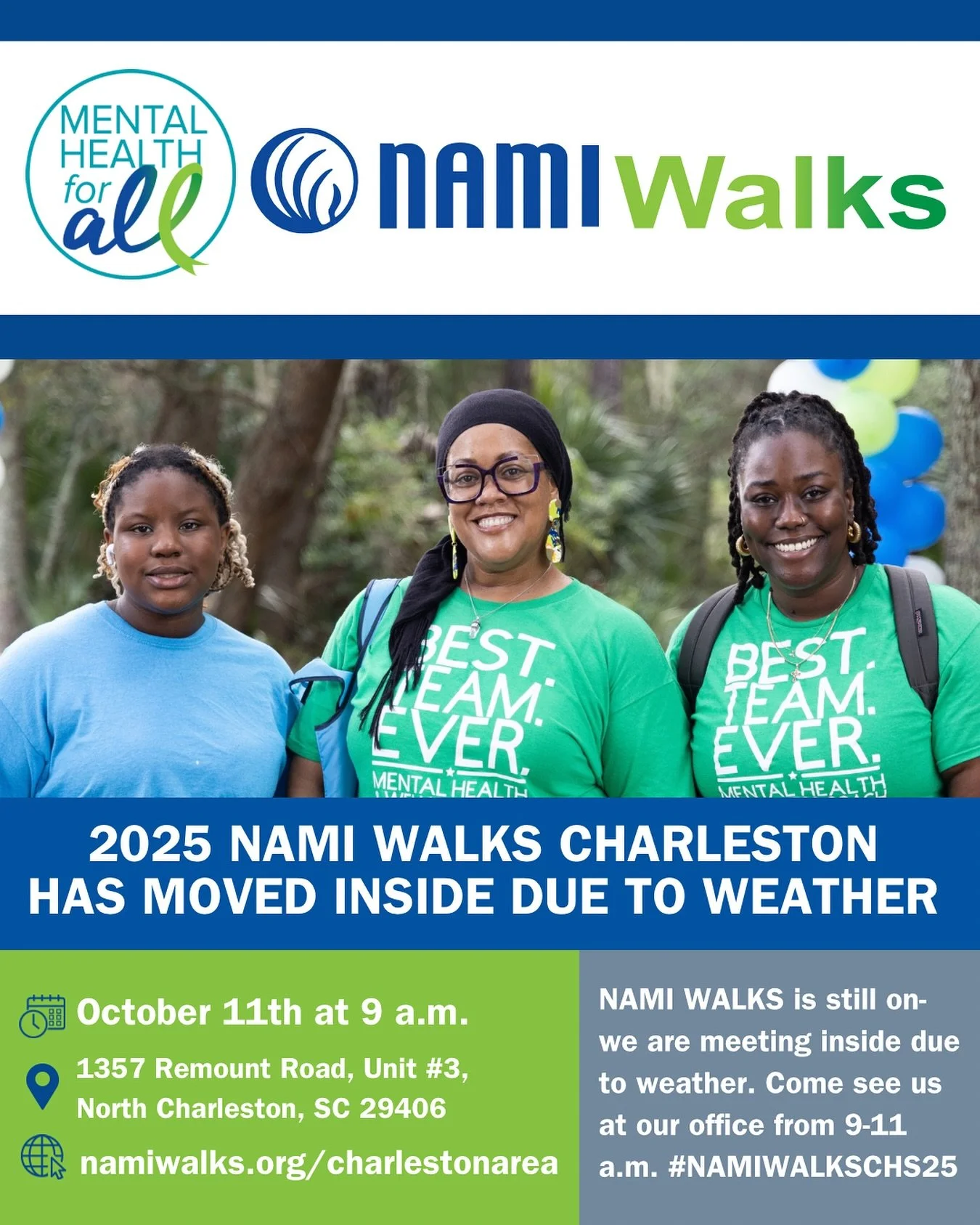 Important Update: NAMIWalks Charleston Area

Due to inclement weather and park conditions, we&rsquo;re moving the walk to our NAMI Charleston Area office (1357 Remount Rd., North Charleston) on Saturday, October 11, from 9-11 AM.

Join us for Starbuc