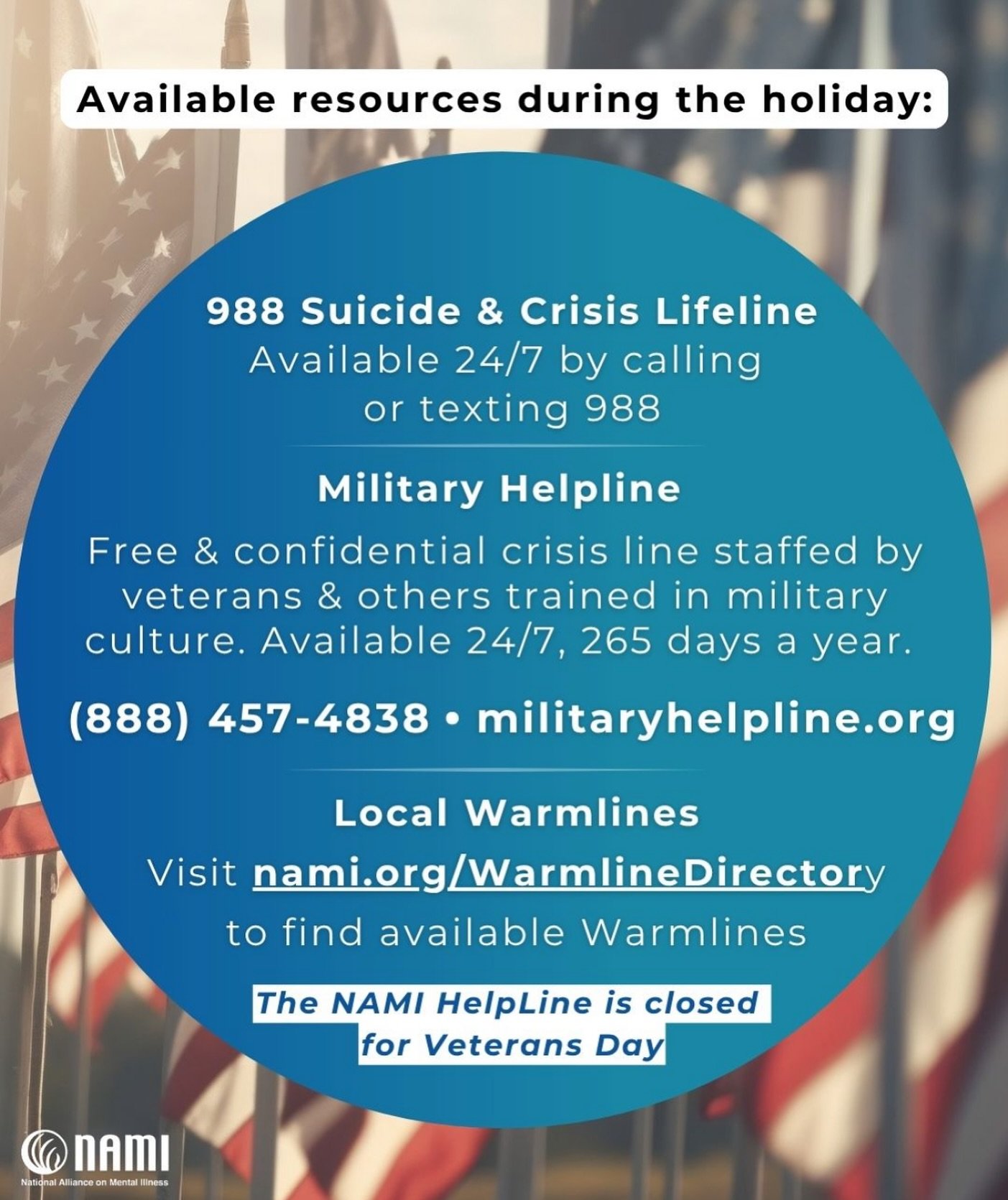 Save these available resources for Veterans Day. Just know you are never alone💙💙
