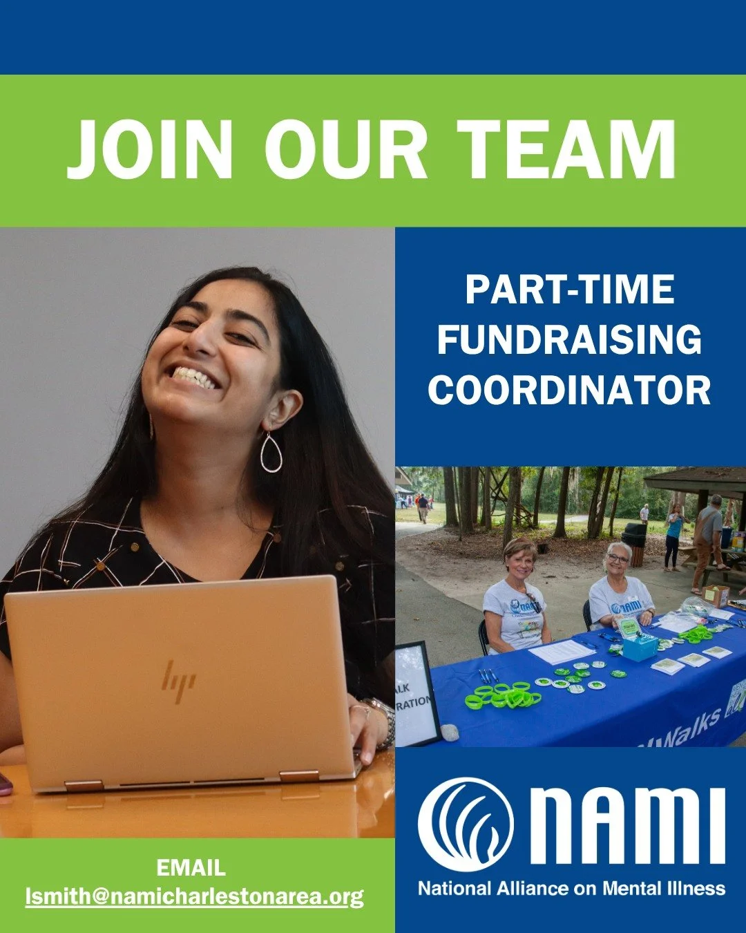Are you passionate about Mental Health? Join our team as a part-time fundraising coordinator. *Must be local, fundraising experience recommended.

Support NAMI's mission to spread mental health awareness and show our community that no one is ever alo