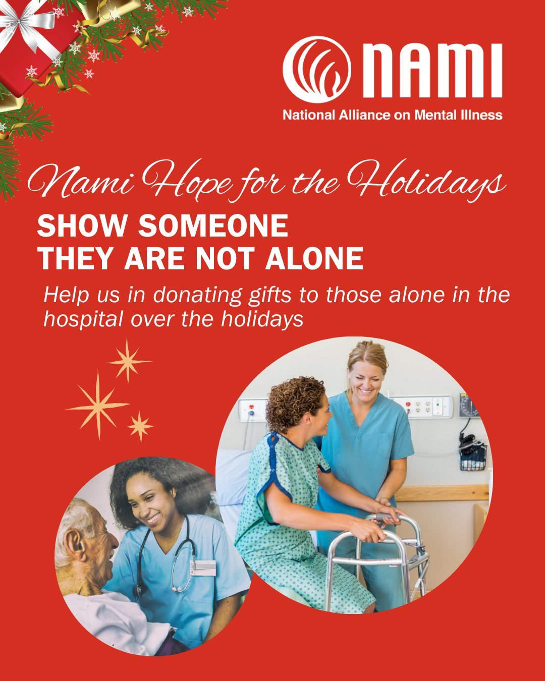 Show someone they are not alone this Holiday season!

Help us in donating gifts to those alone in the hospital over the holidays
Head to namicharlestonarea.org/donate to help spread cheer.