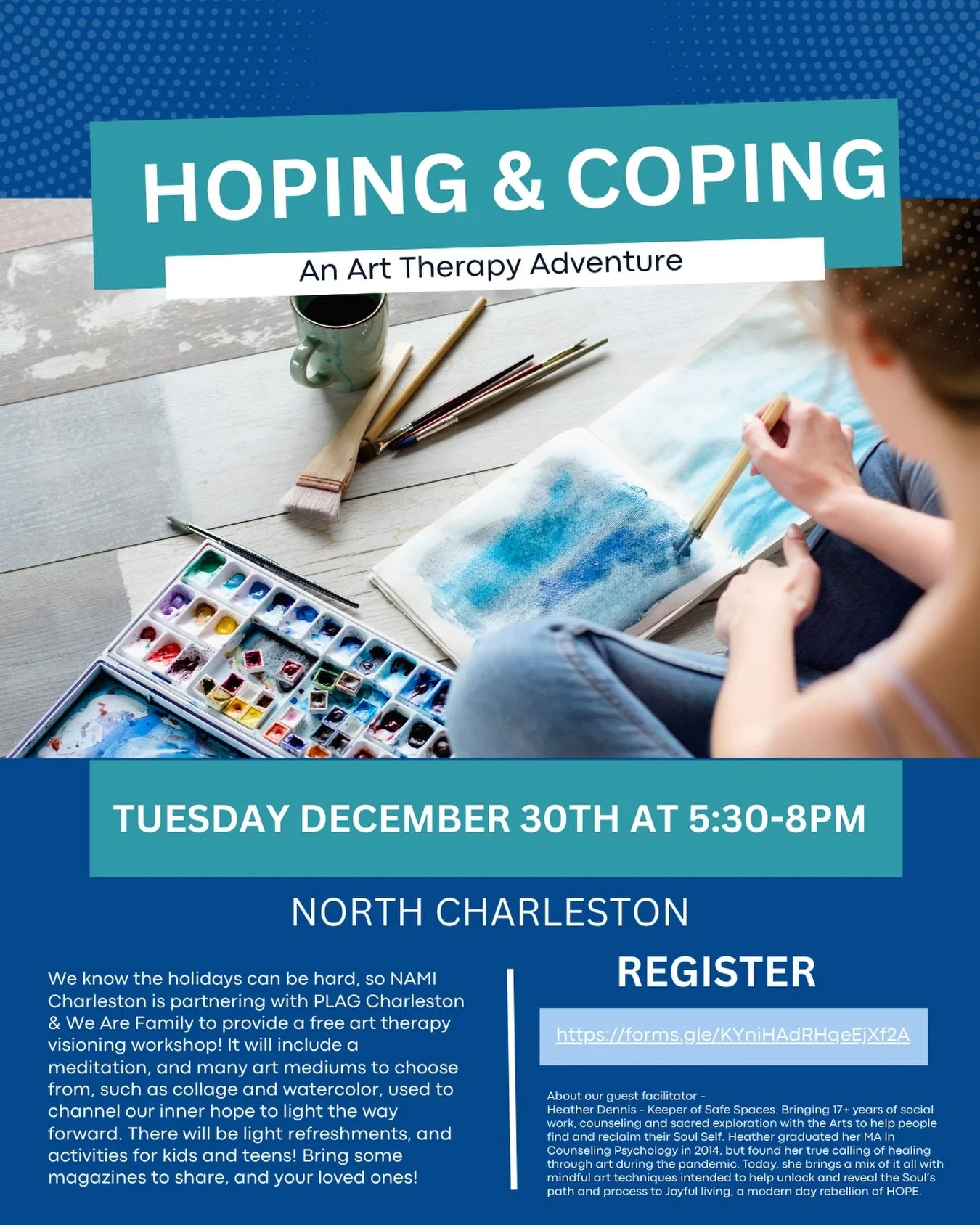 The holidays can be hard, which is why NAMI Charleston is partnering with PLAG Charleston and We Are Family to offer a free art therapy visioning workshop. The event includes a guided meditation, multiple art mediums like collage and watercolor, ligh