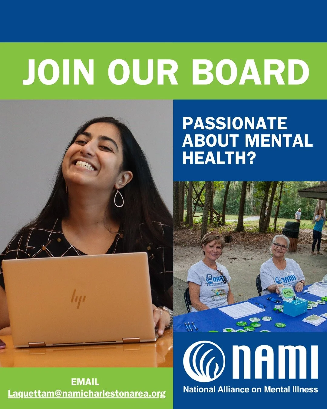 Passionate about Mental Health?

NAMI Charleston area is looking for people to join our board. Please contact our board Vice President Laquetta McGill for more information/application
Laquettam@namicharlestonarea.org