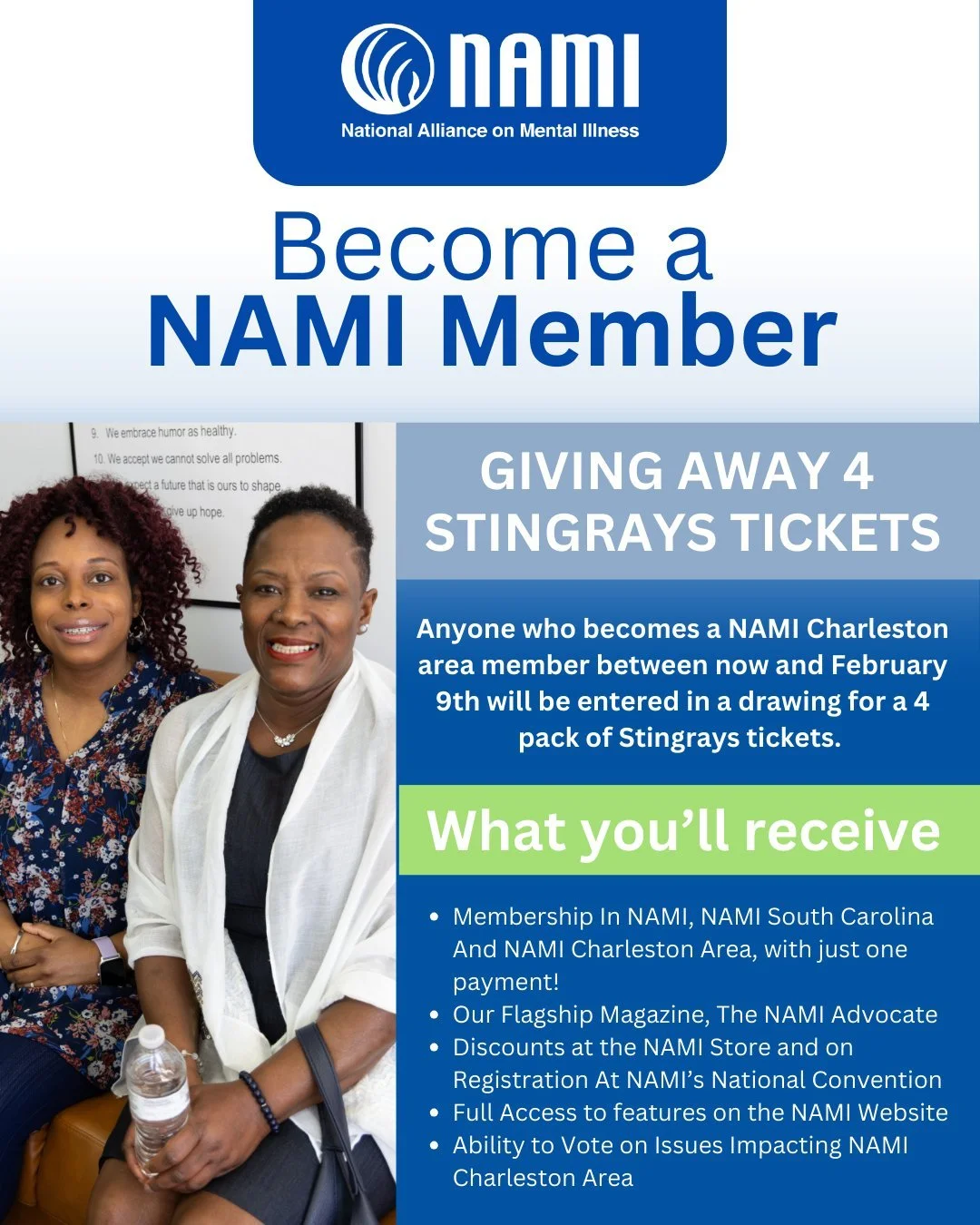 🎟️ Join NAMI Charleston &amp; you could win!

Anyone who becomes a NAMI Charleston Area member between now and February 9th (date extended!) will be entered into a drawing for a 4-pack of Stingrays tickets.

To ENTER:
1. Like &amp; Follow NAMI Charl