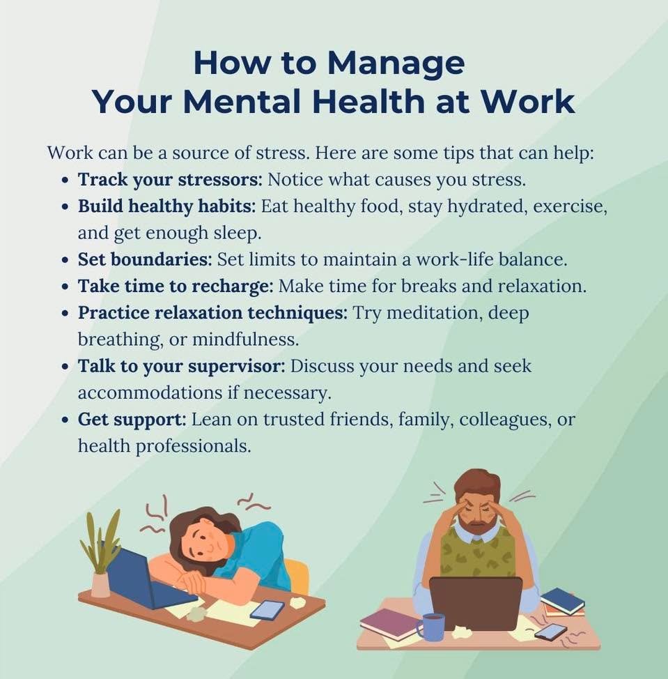 Work can be stressful. Here are some mental health tips on how to maintain a work life balance and healthy habits.