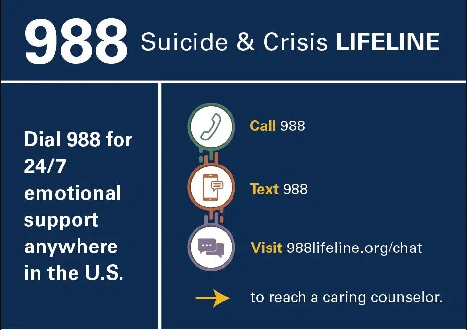 Are you or someone you know struggling with serious mental health conditions? For emergencies, free help is available, and you are not alone! Call or Text 988 for emotional support.