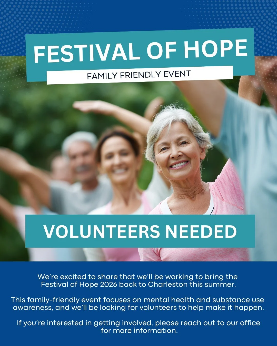 We&rsquo;re excited to share that we&rsquo;ll be working to bring the Festival of Hope 2026 back to Charleston Saturday, July 25th from 10 a.m.- 2 p.m. at Rollins Edward Community Center! 301 N. Hickory St, Summerville, SC.

This family-friendly even