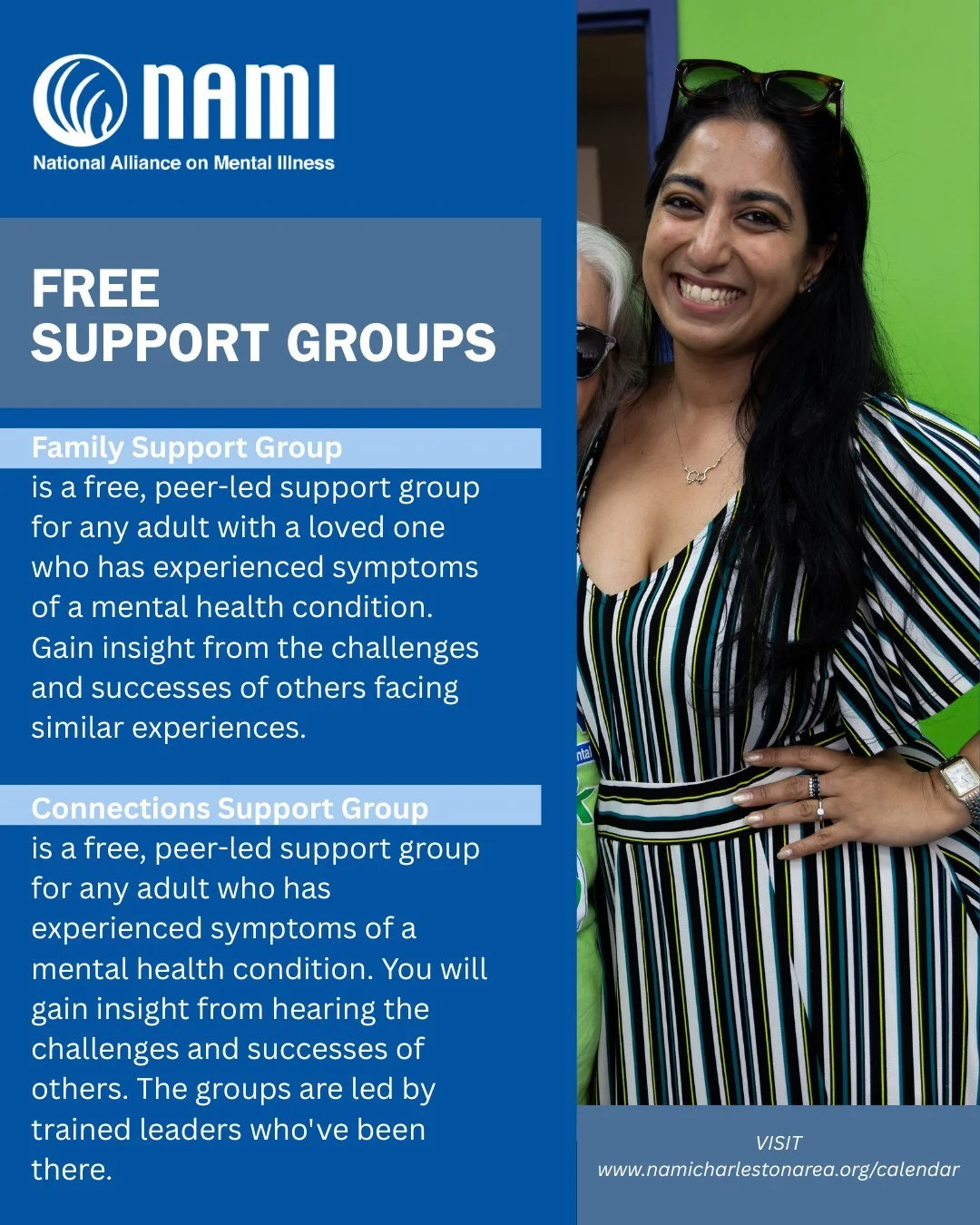 Join our free, in-person support groups!

If you or someone you know is struggling, we offer free family support groups in three different locations here in Charleston. NAMI wants you to know, you are never alone. To register, see calendar on our web