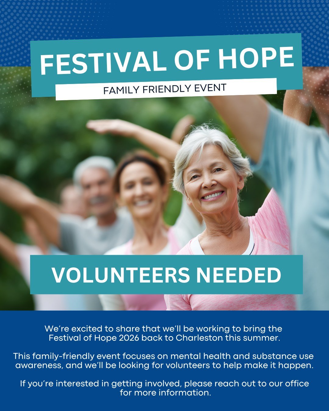 We&rsquo;re excited to share that we&rsquo;ll be working to bring the Festival of Hope 2026 back to Charleston Saturday, July 25th from 10 a.m.- 2 p.m. at Rollins Edward Community Center! 301 N. Hickory St, Summerville, SC.

This family-friendly even