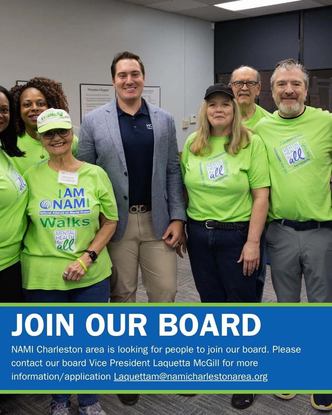 Passionate about Mental Health?

We love our NAMI Charleston Family, and we get excited to support those in their mental health journey! We are looking for people to join our board. Please contact our board Vice President Laquetta McGill for more inf