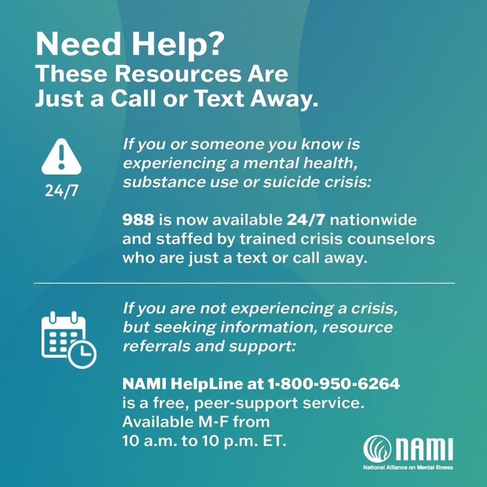 Help is just a phone call away.

Call 988 if you are experiencing a mental health or substance abuse crisis.