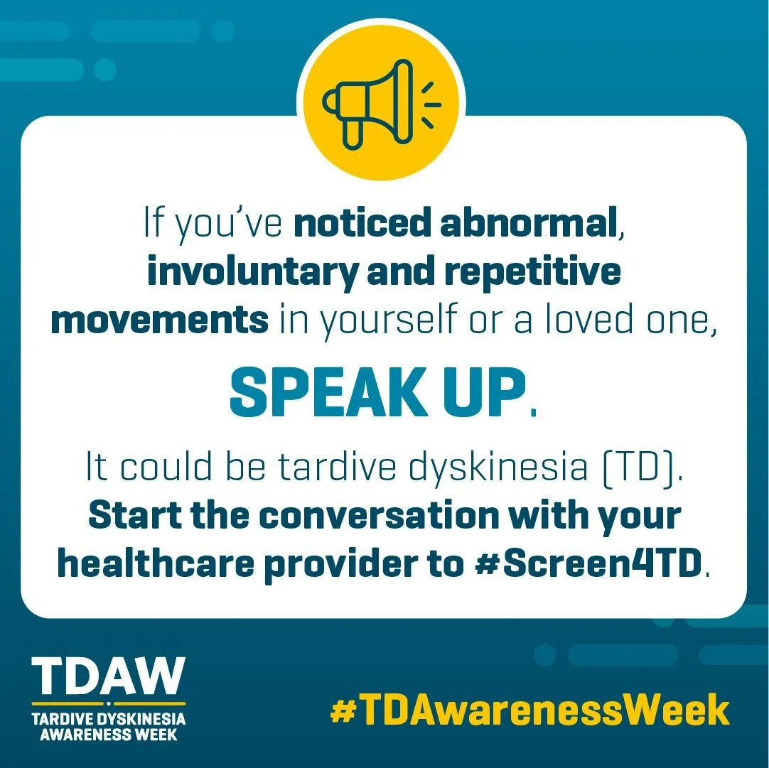 This #TDAwarenessWeek, we&rsquo;re helping start the conversation about tardive dyskinesia (TD),an involuntary movement disorder characterized by uncontrolled movements of the face, torso, limbs, fingers and toes. Learn more at TalkAboutTD.com.

#TDA
