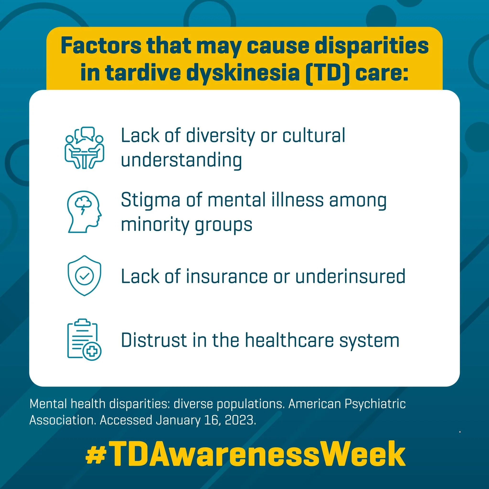 Tardive dyskinesia (TD) is associated with the use of antipsychotic medication or
some prescription medicines for gastrointestinal disorders. Routine screening for
drug-induced movement disorders like TD can help improve recognition. TalkAboutTD. com