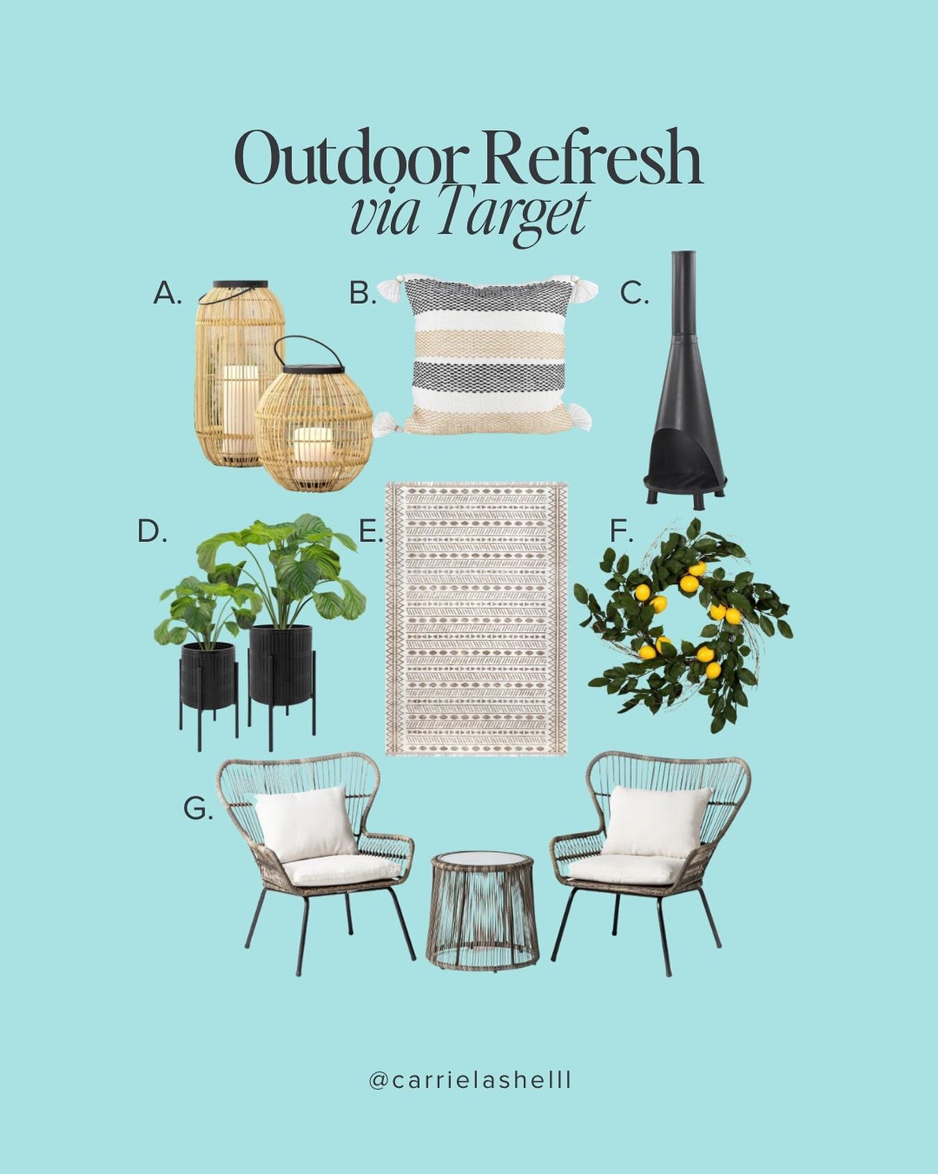 Looking to refresh your outdoor space? Head to your local Target and consider adding these fun finds to your cart! 🎯

A. Threshold Tall Wicker Outdoor Lantern 🏮

B. Home &amp; Garden Tan &amp; Black Tick Stripe Hand Woven Outdoor Pillow

C. Hearth 