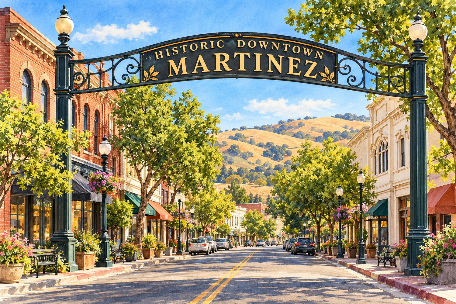Illustration of the historic downtown Martinez arch over a tree-lined Main Street with golden hills behind