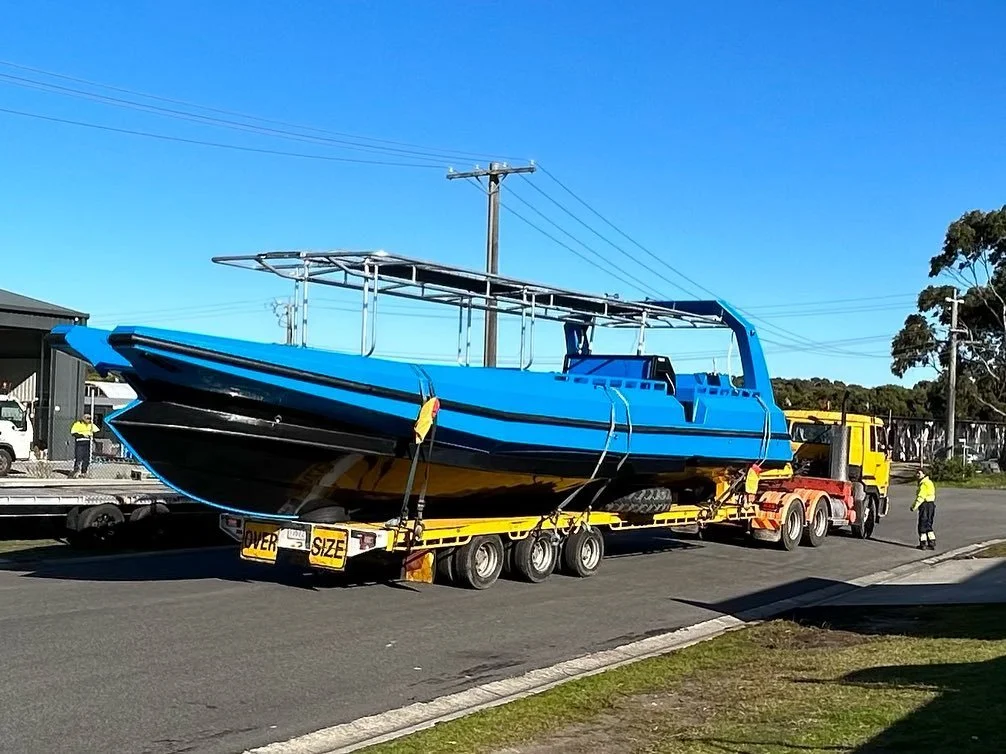 Delivery day for Alumarine&rsquo;s latest creation.  At 12.3 x 4.5m we believe it&rsquo;s one of the biggest HDPE plate boats ever built.  It definitely has the most advanced hull shape.

Next step is the main Alumarine factory where Suzuki 325hp eng