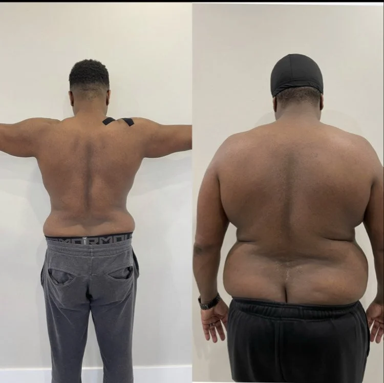 Comparison of two men showing their back muscles and body shape, one with more muscle definition and the other with a larger, softer build.