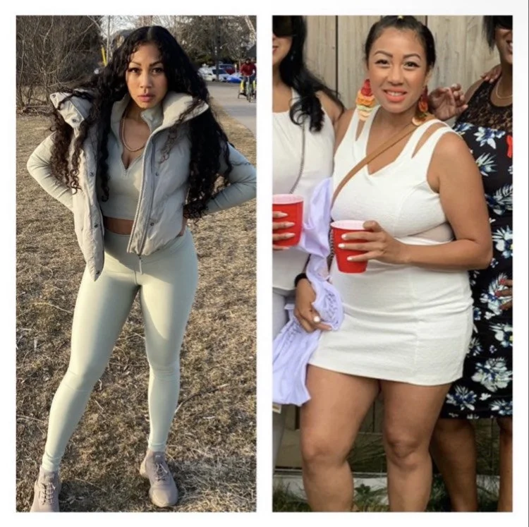 Side-by-side photos of two women at outdoor events. The woman on the left has long, curly dark hair, wearing a white crop top, matching leggings, and a grey vest, standing on grass with hands on hips. The woman on the right has short dark hair, weari