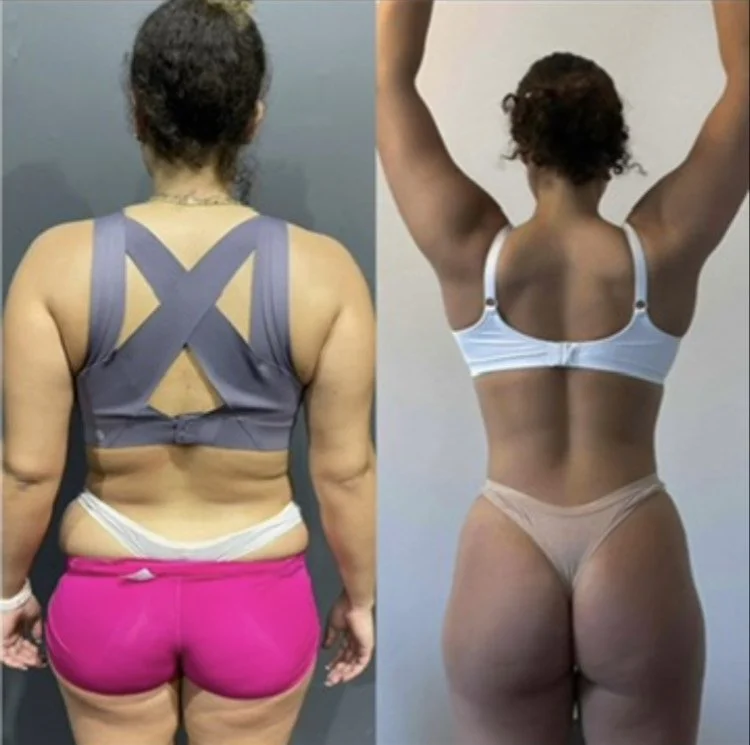 Side-by-side comparison of a woman before and after fitness transformation, showing weight loss and muscle toning.