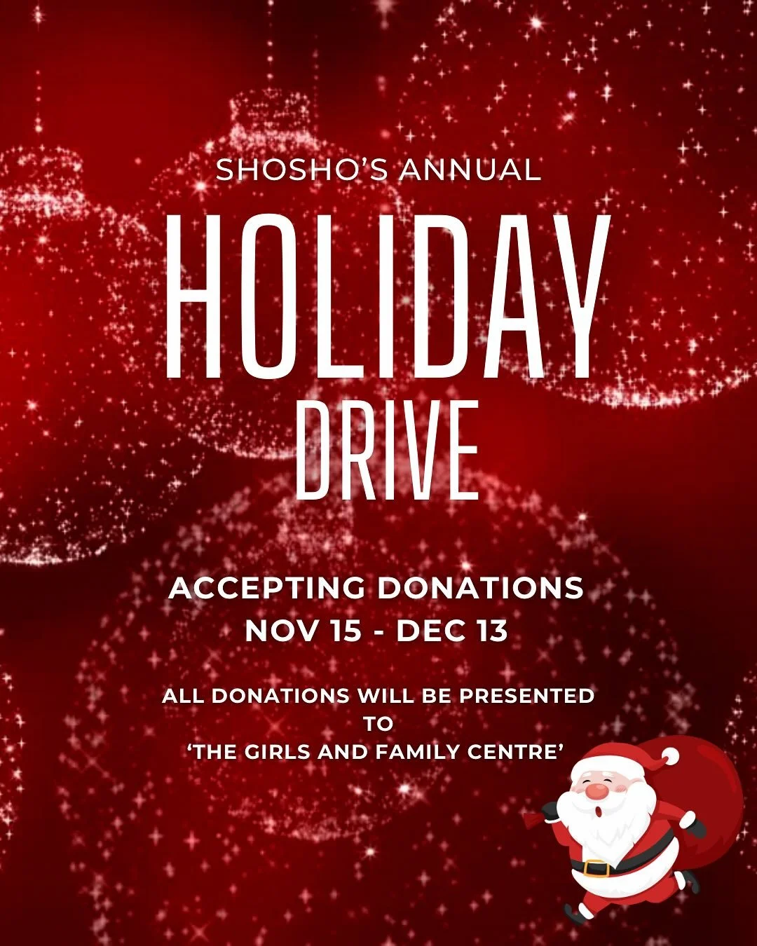 🎄We are happy to be partnered with at @shosho2988 Annual Holiday Drive:

Starting today we will be collection donations, that will provided to:

 The Girls &amp; Family Centre

📍Drop Off: 
4501 Chesswood Drive 
North York, ON M3J 2V6

Let the holid