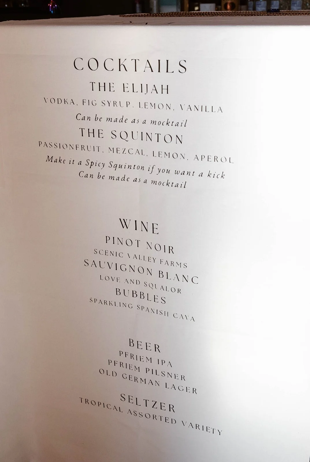 Custom wedding cocktail menu prepared by Amaro Bartending