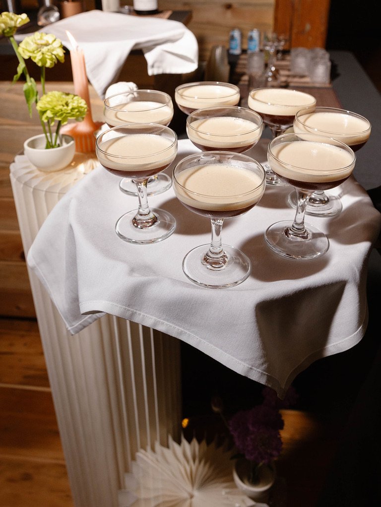 Tray of espresso martinis at wedding reception