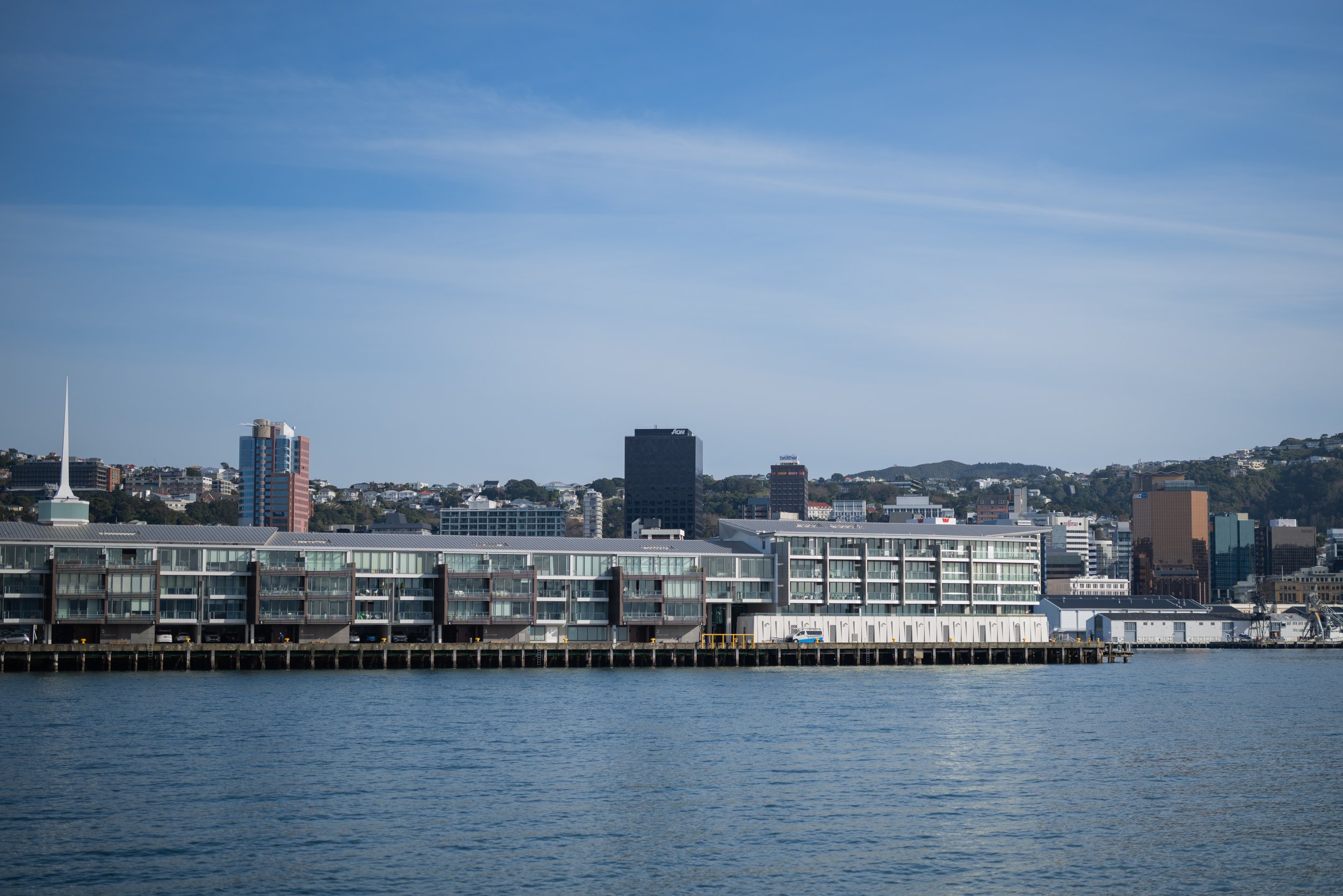 Clyde Quay Wharf, with Te Whare Hēra at the northernmost tip