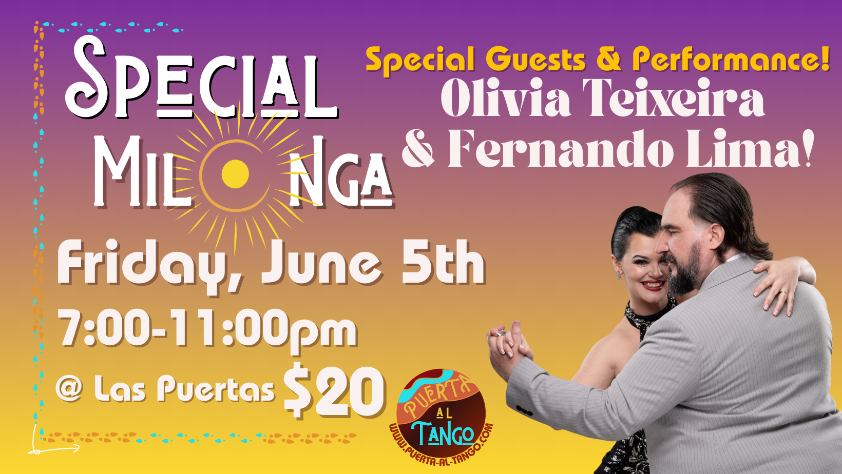 Promotional poster for a dance event featuring special guest Olivia Teixira and Fernando Lima, scheduled for Friday, June 5th from 7:00 to 11:00 pm at Las Puertas for $20. The poster has a colorful background with a couple dancing and a logo for Puerta al Tango.