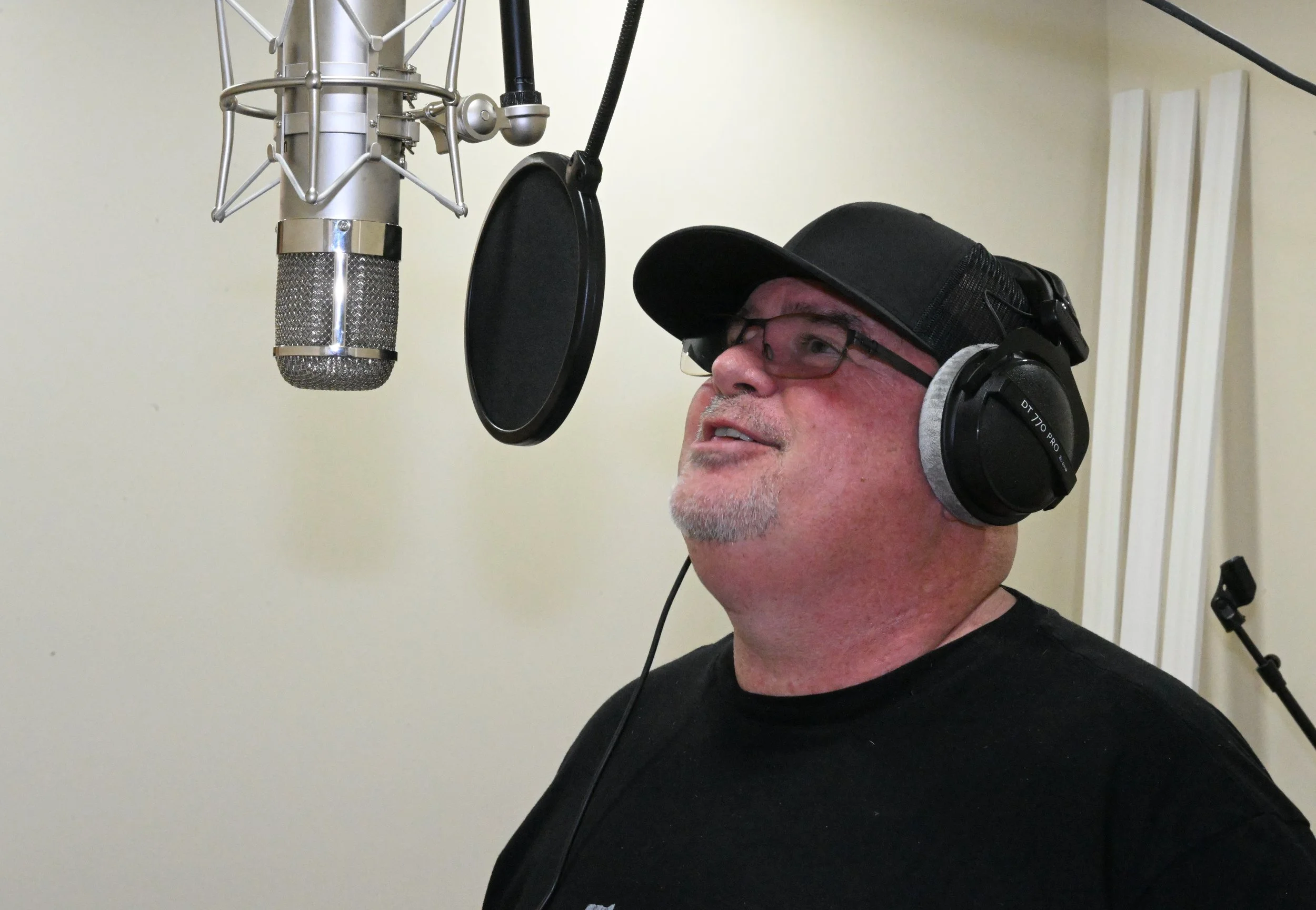 Recording Artist Doug Mathis recording vocals with our Telefunken U 47 Mic at New Breed Music Group Studio B