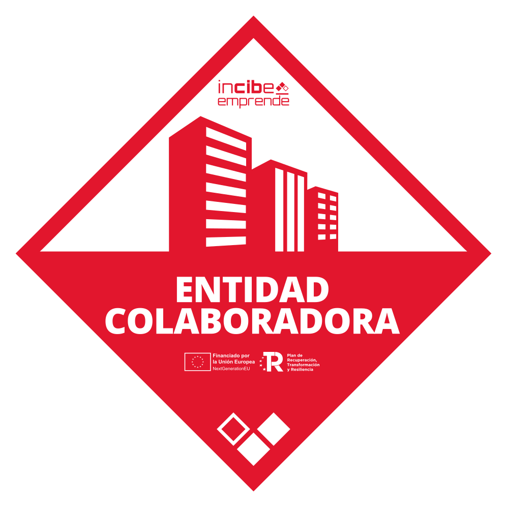 Diamond-shaped logo with red buildings and Spanish text that says 'Collaborating Entity' and 'Incube Emprende', plus logos and text at the bottom related to European Union funds and recovery and resilience policies.