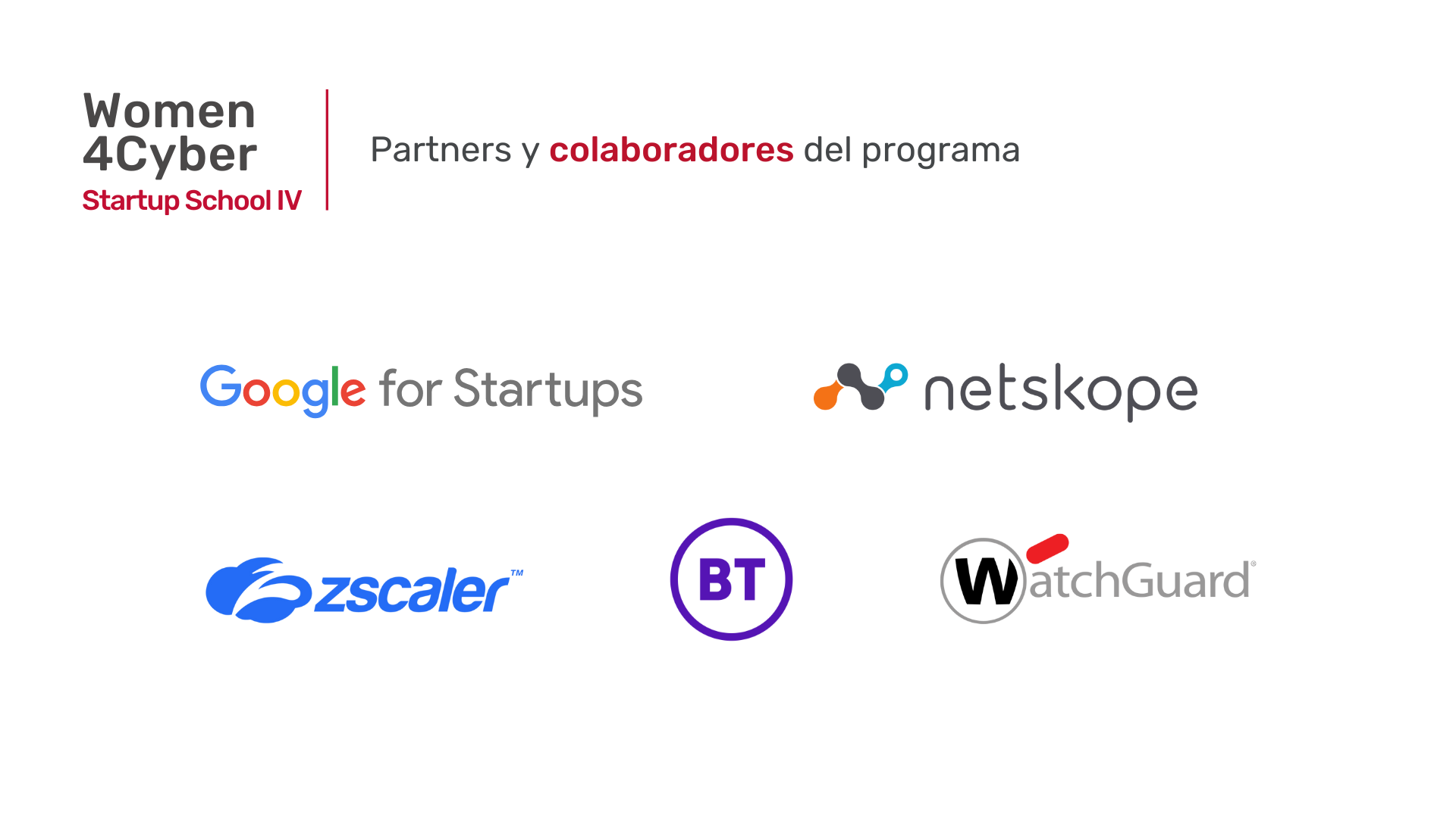 W4C Startup School IV Partners: Google for Startups, Netscape, Zscaler, Watchguard and BT