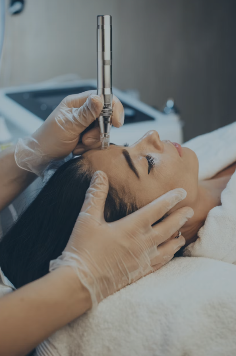 Practitioner in gloves using a microneedling pen on a patient's forehead.