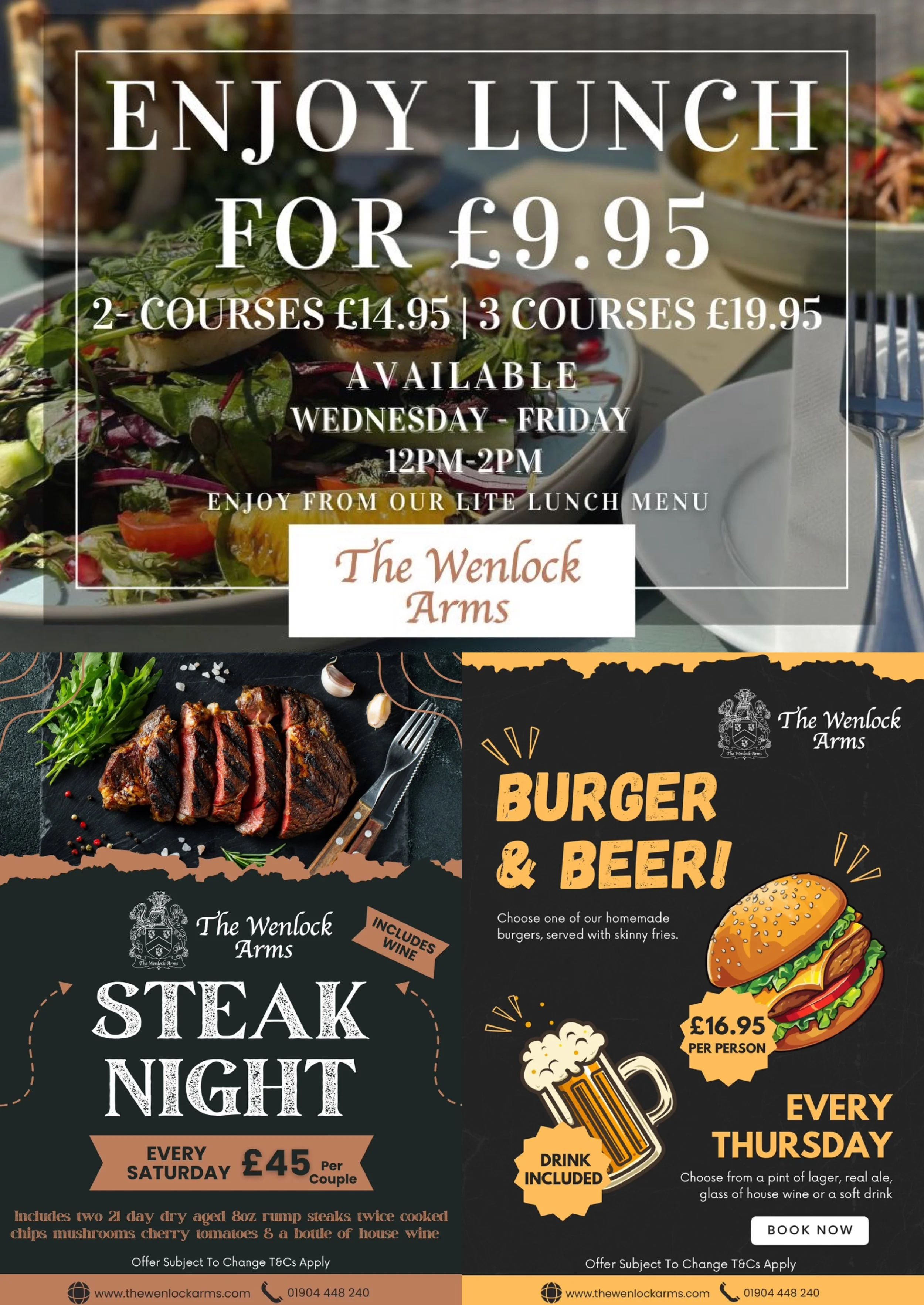 Images of promotional menus for The Wenlock Arms offering lunch, steak night, and burger and beer specials, with pictures of a salad, a cooked steak, and a burger with fries and beer.