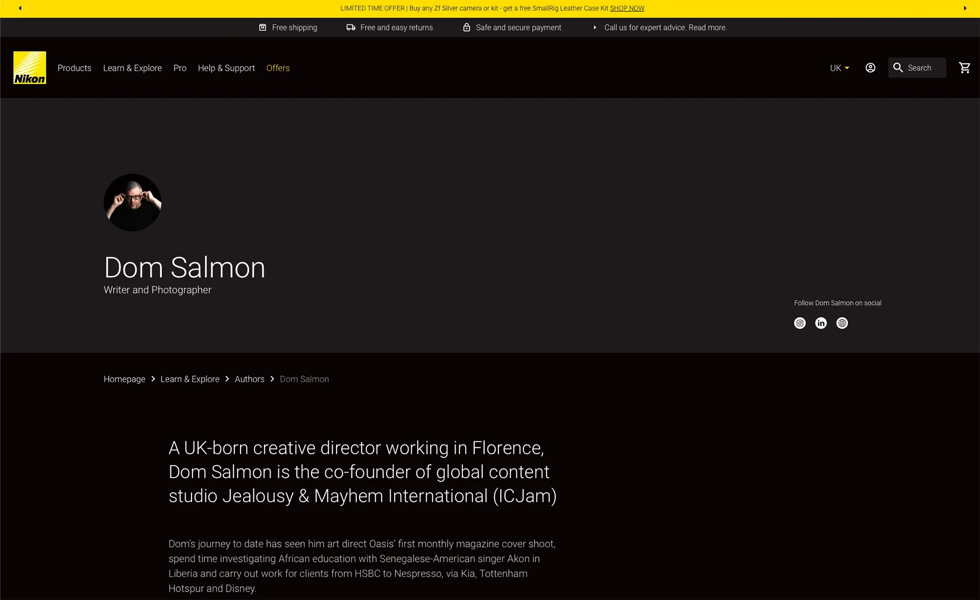 Screenshot of Dom Salmon's profile page on Nikon's website, showing his name, title as writer and photographer, social media links, and a brief biography.