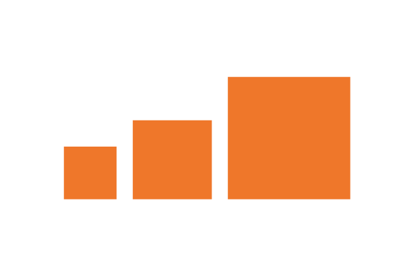 A black bar chart with three orange bars of increasing height from left to right.